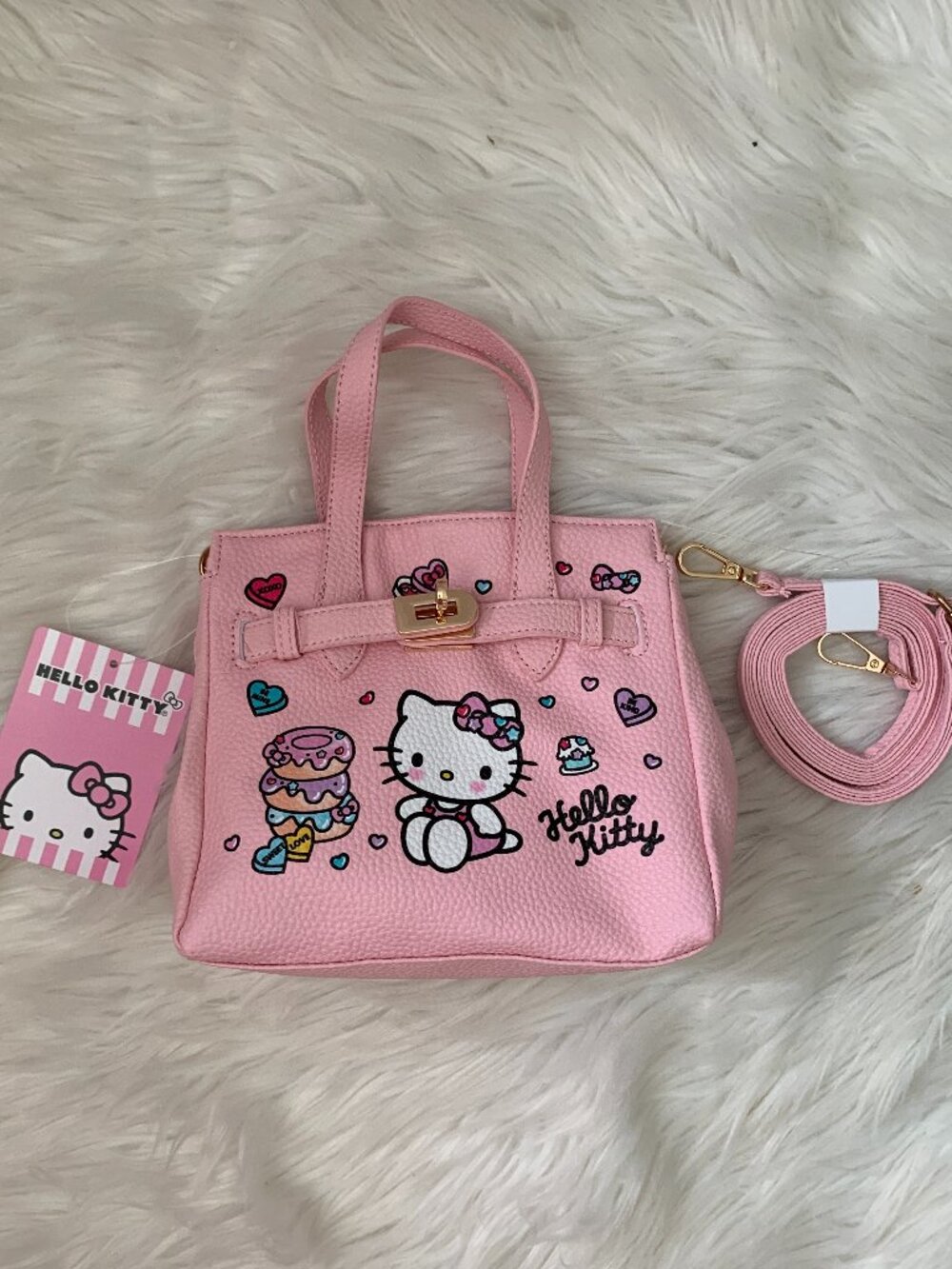 HELLO KITTY Faux Pebble Leather Birkin Small Crossbody Bag in Pink/Gold